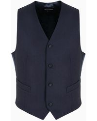 Emporio Armani - Single-breasted, Worsted Virgin-wool Gilet, 100% Virgin Wool, Navy Blue, Size: 56 - Lyst