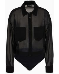 Emporio Armani - Bodysuit Shirt In Sheer Georgette With Denim Details - Lyst