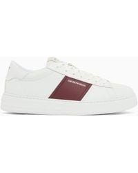Emporio Armani - Leather Sneakers With An Embossed Logo And Contrasting Panel - Lyst