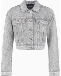Emporio Armani - Cropped 12.5 Oz Denim Jacket With All-Over Rhinestone Logo - Lyst