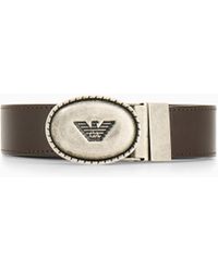 Emporio Armani - Suede And Grained Leather Belt With Oval Logo Plaque - Lyst