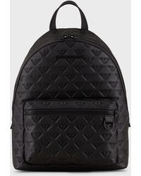 Emporio Armani Round Leather Backpack With All-over Embossed Eagle - Black