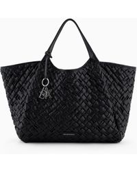 Emporio Armani - Oversized Nappa Leather-Effect Interwoven Shopper Bag With Logo Charm - Lyst