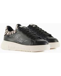 Emporio Armani - Leather Sneakers With Ponyskin Back And Signature Logo - Lyst