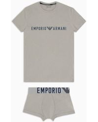 Emporio Armani - Asv Underwear-set Mit Loungewear T-shirt Und Eng Anliegenden Boxershorts Aus Bio-baumwolle Mit Mega-logo - Lyst
