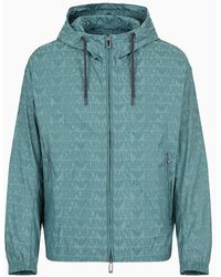 Emporio Armani - Lightweight Nylon, Hooded Zip-up Blouson With All-over Jacquard Lettering - Lyst