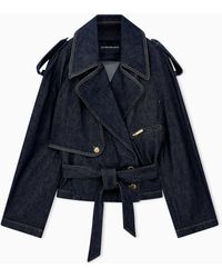 Emporio Armani - Belted Denim Jacket With Wide Lapels And Epaulettes - Lyst