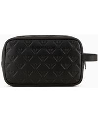 Emporio Armani - Leather Washbag With All-over Embossed Eagle - Lyst