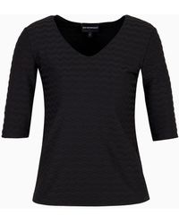 Emporio Armani - Two-way Stretch Jacquard Jersey V-neck Jumper With Three-quarter Length Sleeves - Lyst