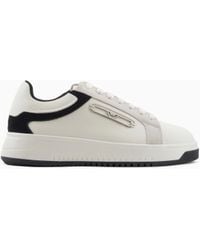 Emporio Armani - Leather Sneakers With Suede Details And Eagle Plate - Lyst