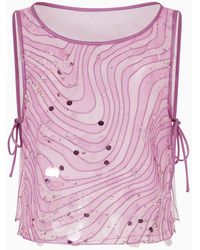 Emporio Armani - Silk Organza Top With Embroidery And Sequins In A Sand Dune Motif - Lyst