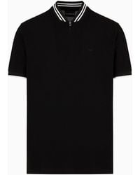 Emporio Armani - Mercerised Piqué Polo Shirt With Zip, Bomber Jacket Collar And Micro Eagle Embroidery - Lyst