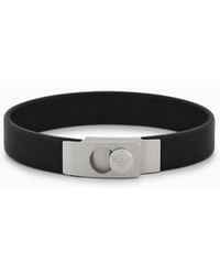 Emporio Armani - Stainless Steel And Black Leather Strap Bracelet - Lyst