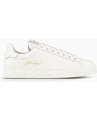 Emporio Armani - Leather Sneakers With Gold Signature Logo - Lyst