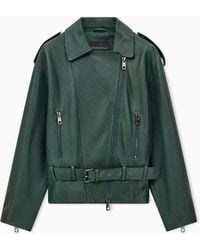 Emporio Armani - Belted Leather Biker Jacket With An Asymmetrical Zip - Lyst