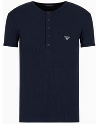 Emporio Armani - Slim-fit Henley Loungewear T-shirt In Ribbed Cotton With Eagle Micro Patch - Lyst