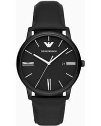 Emporio Armani - Montre À Trois Aiguilles Et Date En Cuir Noir - Lyst