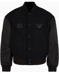 Emporio Armani - Clubwear Casentino Wool Bomber Jacket With Nylon Sleeves And Rhinestone Patch - Lyst