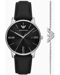 Emporio Armani - Set De Pulsera Y Reloj De Piel Negra De Tres Manecillas Con Visualización De Fecha - Lyst