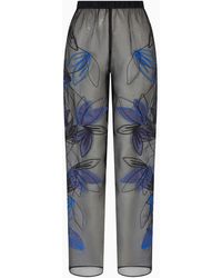 Emporio Armani - Pure Silk Organza Elasticated-waist Trousers With Floral Embroidery - Lyst