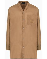 Emporio Armani - V-neck Shirt With Pocket And Ramage Embroidery In Solid-colour Pure Silk - Lyst