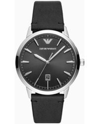 Emporio Armani - Orologio A Tre Lancette Con Datario E Pelle Nera - Lyst