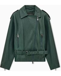 Emporio Armani - Belted Leather Biker Jacket With An Asymmetrical Zip - Lyst