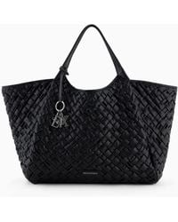 Emporio Armani - Oversized Nappa Leather-effect Interwoven Shopper Bag With Logo Charm - Lyst
