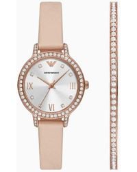 Emporio Armani - Three-hand Pink Leather Watch And Bracelet Set - Lyst