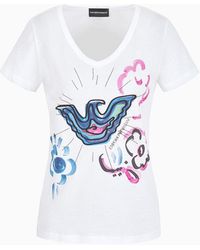 Emporio Armani - T-shirt Mit V-ausschnitt Aus Weichem Jersey Aus Einer Modalmischung Mit Adler-prints Und Stickereien - Lyst