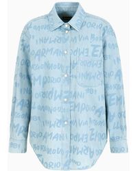 Emporio Armani - Light Denim Shirt With All-over Lettering Print - Lyst