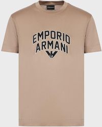 Emporio Armani T-shirt Aus -jersey-mischung Mit Auffälliger Logostickerei - Natur