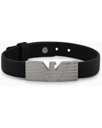 Emporio Armani - Stainless Steel And Black Leather Strap Id Bracelet - Lyst