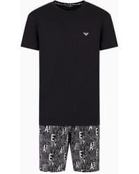 Emporio Armani - Comfort-fit Pyjamas With Bermuda Shorts With All-over Bold Logo - Lyst