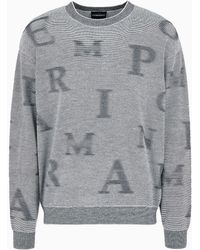 Emporio Armani - Two-tone Micro-striped Virgin-wool Jumper With All-over Lettering - Lyst