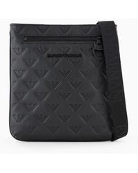 Emporio Armani - Flat Leather Shoulder Bag With All-over Embossed Eagle - Lyst