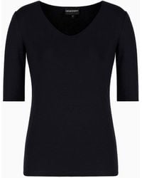 Emporio Armani - Viscose Stretch Jersey V-neck Jumper With Three-quarter Length Sleeves - Lyst