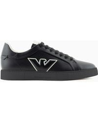 Emporio Armani - Leather Sneakers With Eagle Patch - Lyst