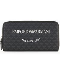 Emporio Armani - Zip-Around Wallet With All-Over Eagle And Milano 1981 Logo Print - Lyst