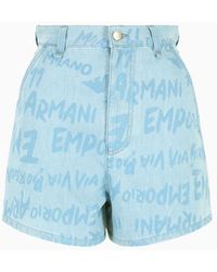 Emporio Armani - Light Denim Shorts With All-over Lettering Print - Lyst