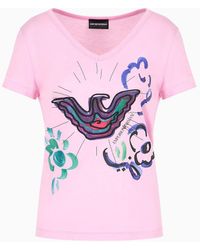 Emporio Armani - V-neck T-shirt In Soft Modal-blend Jersey With Eagle Embroidery And Print - Lyst