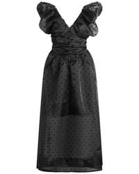 Ganni - Flocked Organza Long Ruched Dress - Lyst