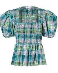 Ganni Seersucker Check Smock Blouse in Blue | Lyst