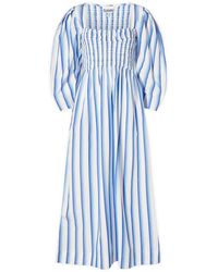 Ganni - Stripe Cotton Open-Neck Smock Long Dress - Lyst