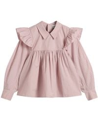Ganni - Oxford Stripe Frill Blouse - Lyst