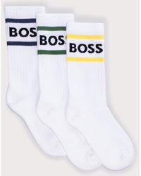 BOSS - Three Pack Of Short Rib Stripe Logo Socks - Lyst
