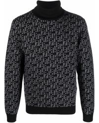 Fendi Ff-logo Intarsia-knit Roll Neck Jumper - Black