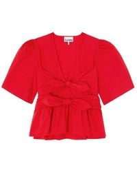 Ganni - Cotton Poplin Bow Blouse - Lyst