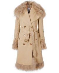 Burberry Shearling Trim Cotton Gabardine Belted Trench Coat - Natural