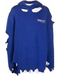 Balenciaga Distressed Effect Knitted Hoodie - Blue